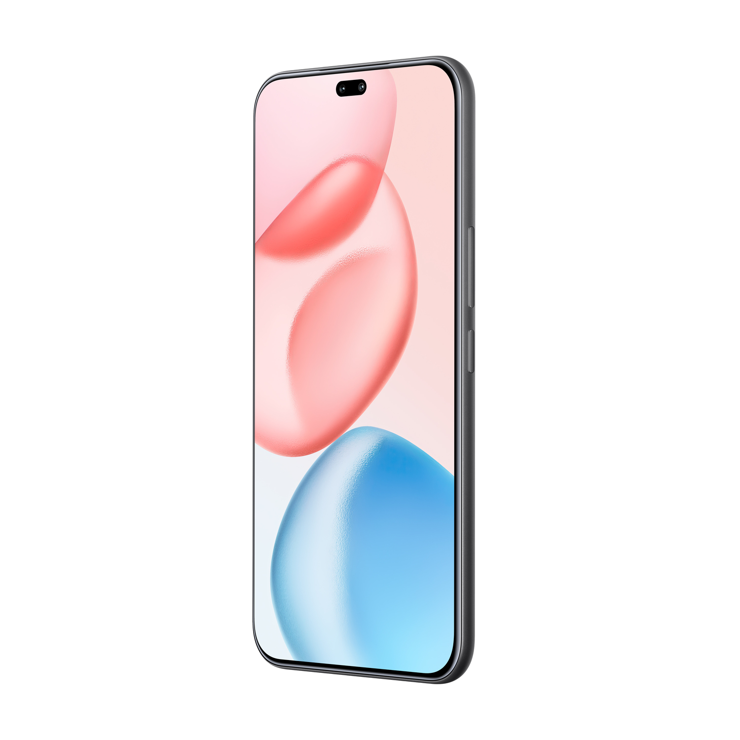 A phone with pink and blue abstract display, seen from an angle.
