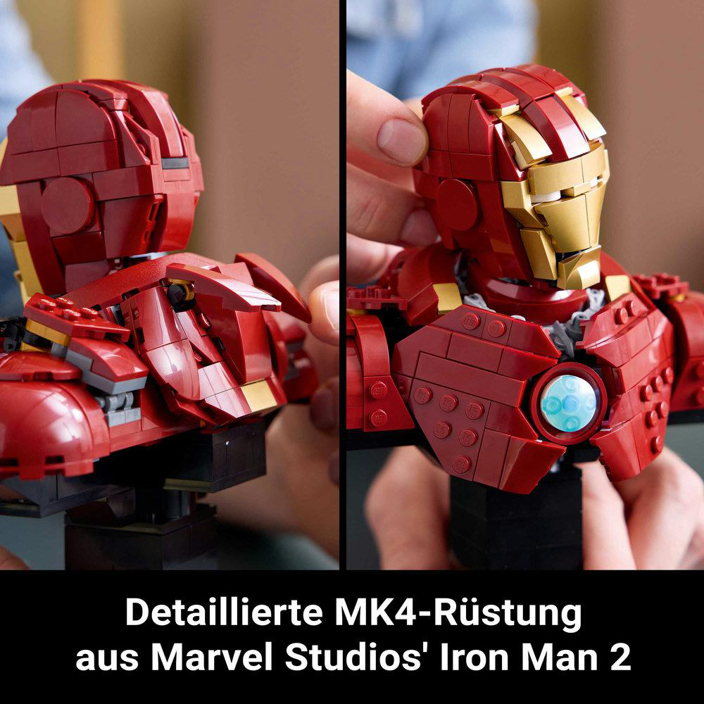Zwei Bilder der Iron Man LEGO Büste. Rote und goldene Rüstung. Nahaufnahmen der Rüstungsdetails. LEGO Logo.