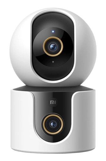 Biała i czarna kamera bezpieczeństwa Xiaomi. Ma kamerę na okrągłej podstawie. Widoczne logo Xiaomi.