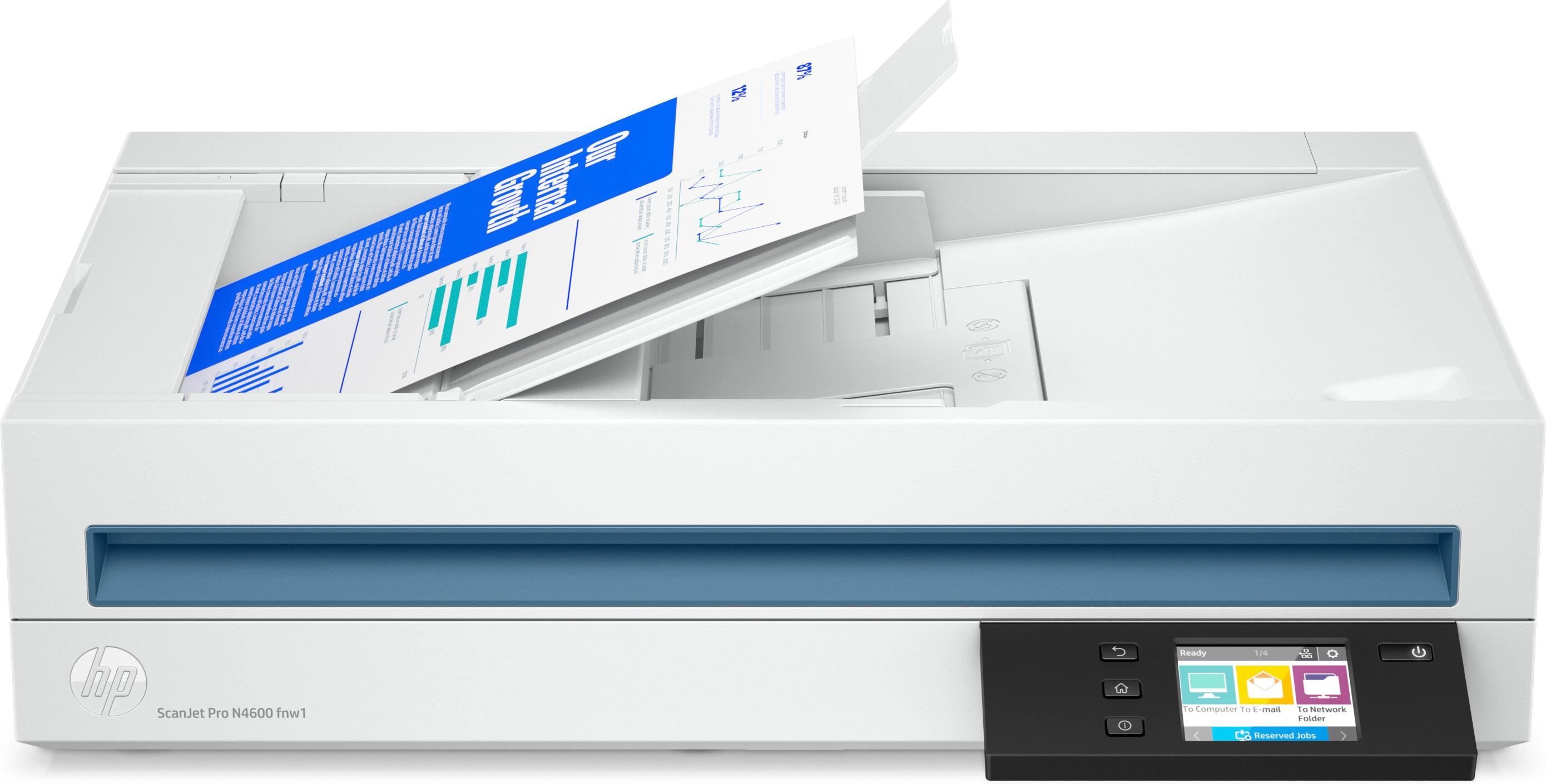 Weiß-blauer Drucker mit schwarzem Bedienfeld. Ein Blatt Papier mit Text kommt aus dem Drucker. HP-Logo sichtbar.