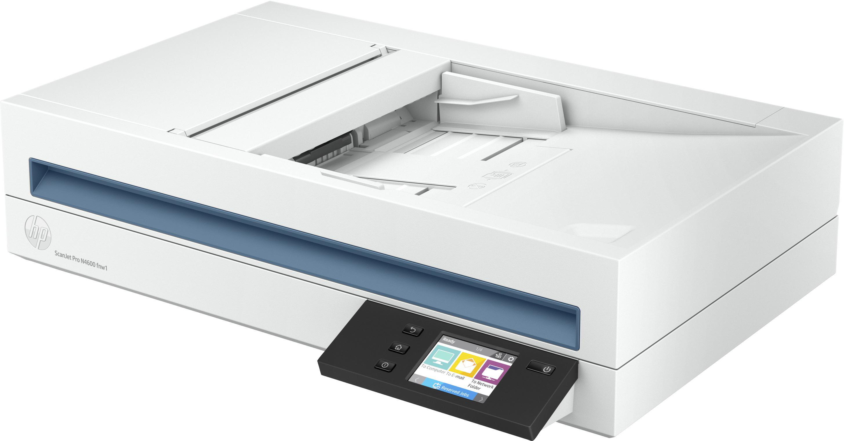 Weiß-blauer Drucker mit schwarzem Bedienfeld. Der Bildschirm zeigt Fertig und andere Symbole. HP-Logo sichtbar.