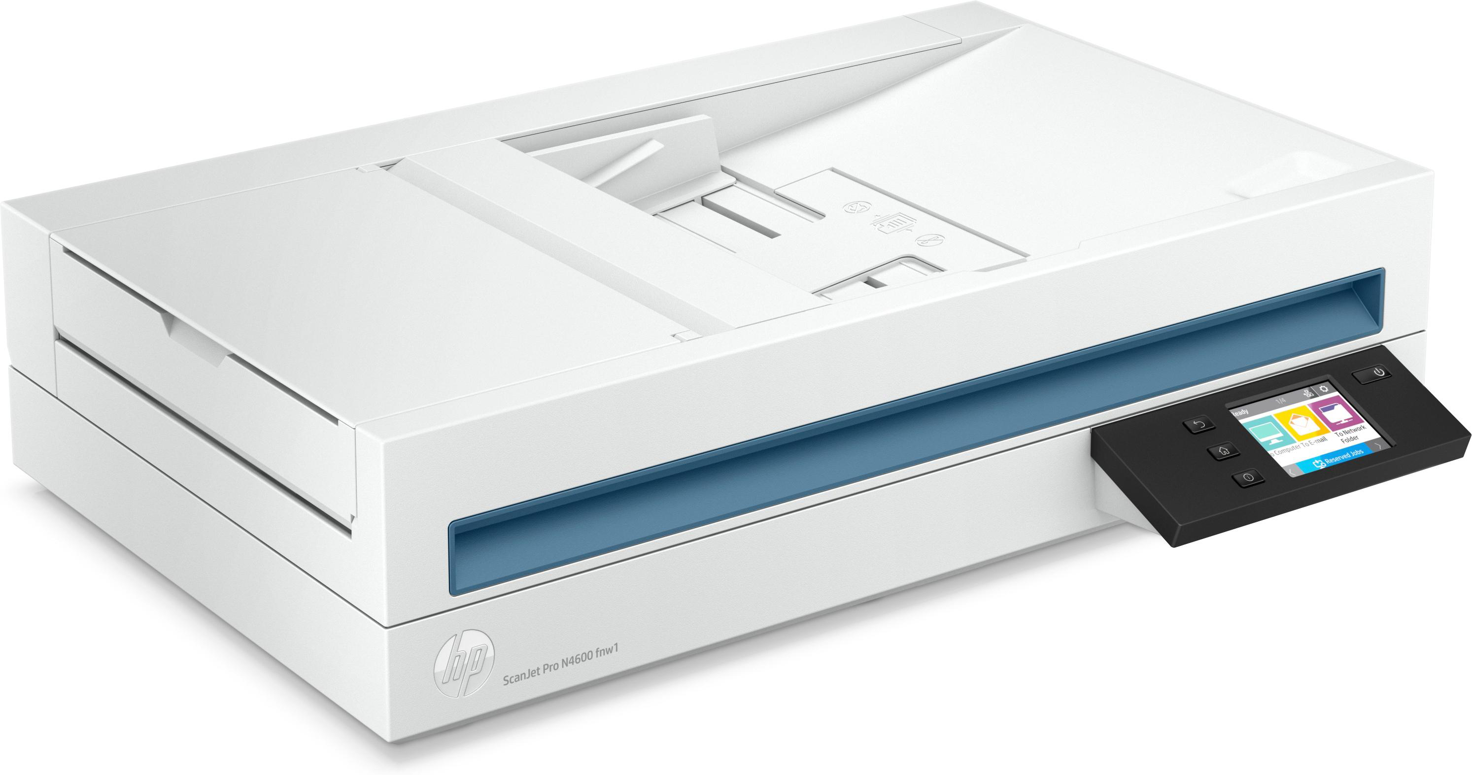 Weiß-blauer Drucker mit schwarzem Bedienfeld. Der Bildschirm zeigt Fertig und andere Symbole. HP-Logo sichtbar.