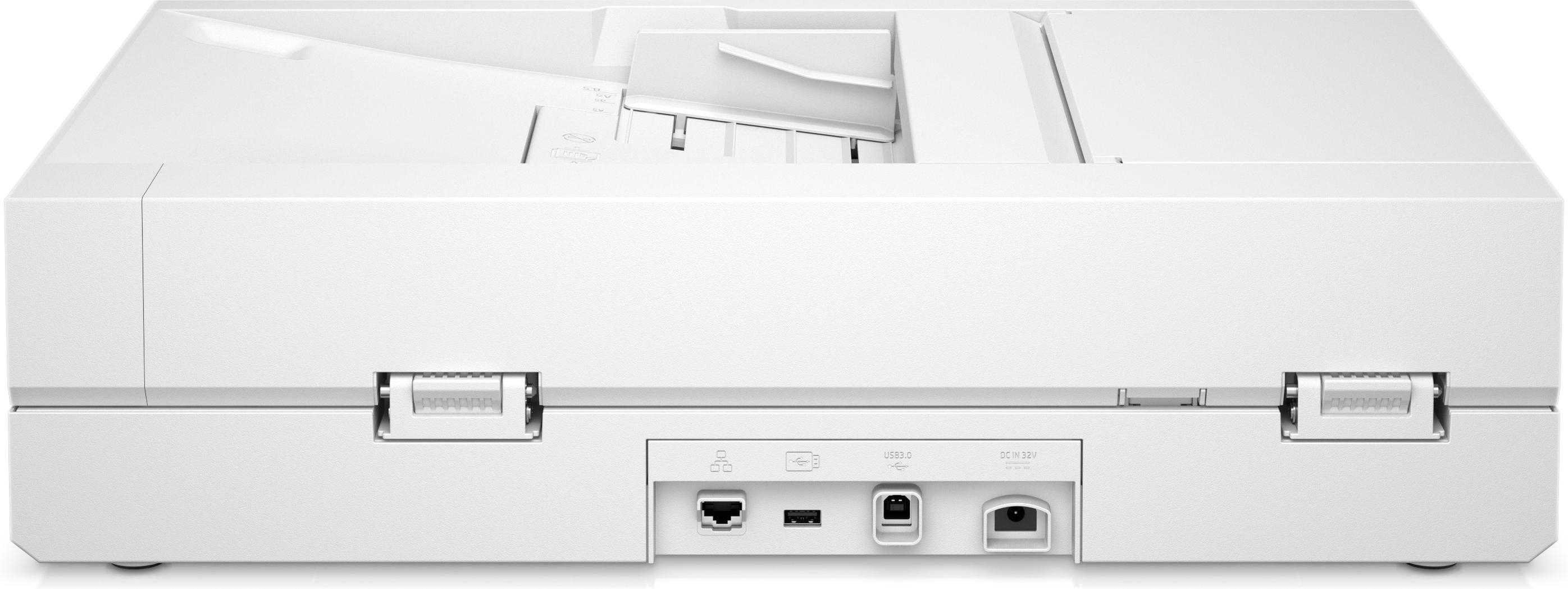 Die Rückseite eines weißen Druckers mit einigen Anschlussports. Zu den Ports gehören USB, LAN und Strom.