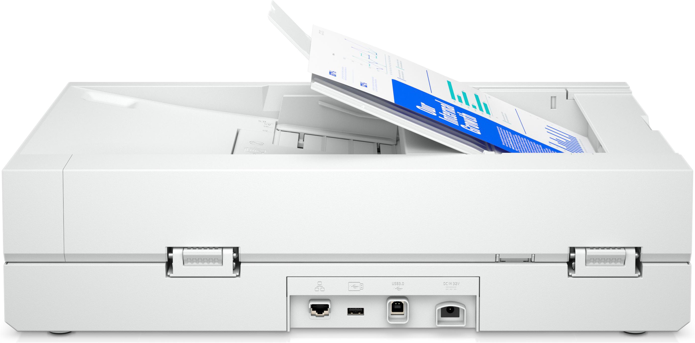 Weiß-blauer Drucker mit schwarzem Bedienfeld. Ein Blatt Papier mit Text kommt aus dem Drucker. HP-Logo sichtbar.