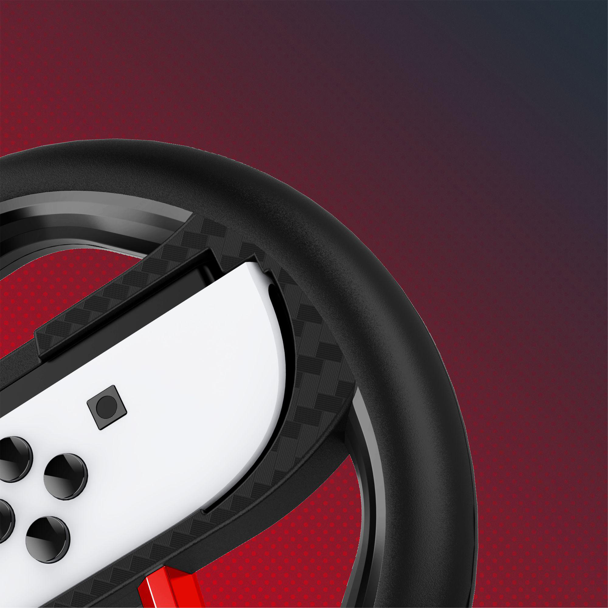 Nahaufnahme eines schwarzen Gaming-Lenkrads mit einem weißen Controller. Roter und schwarzer Hintergrund.