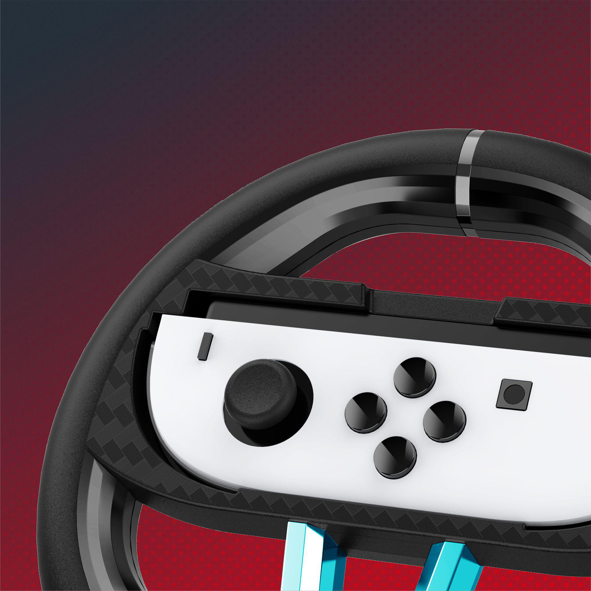 Schwarzes Gaming-Lenkrad mit weißem Controller, der Tasten zeigt. Roter und schwarzer Hintergrund.