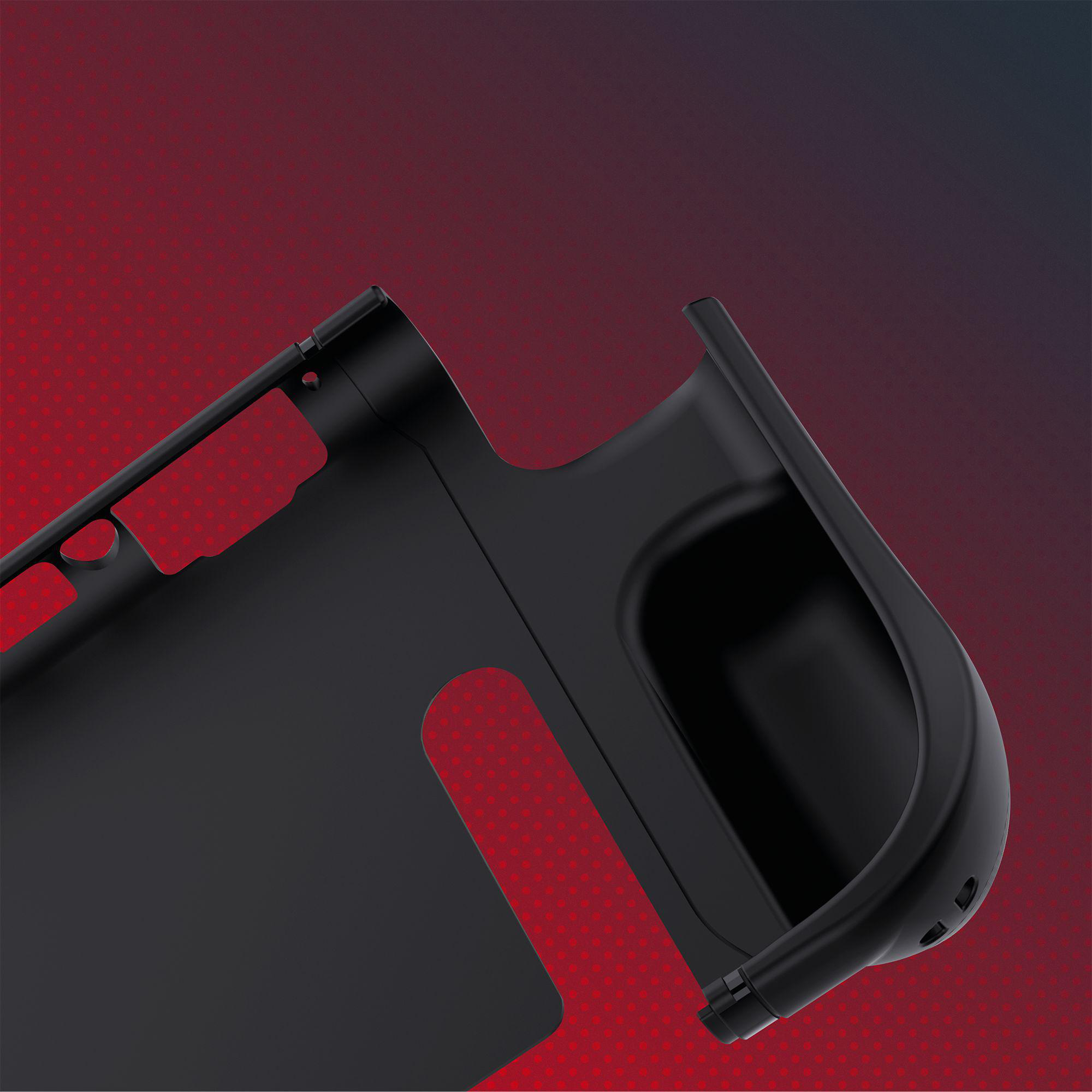 Schwarzer Gaming-Controller-Rahmen auf rotem und schwarzem Farbverlauf. Zeigt das Innere.