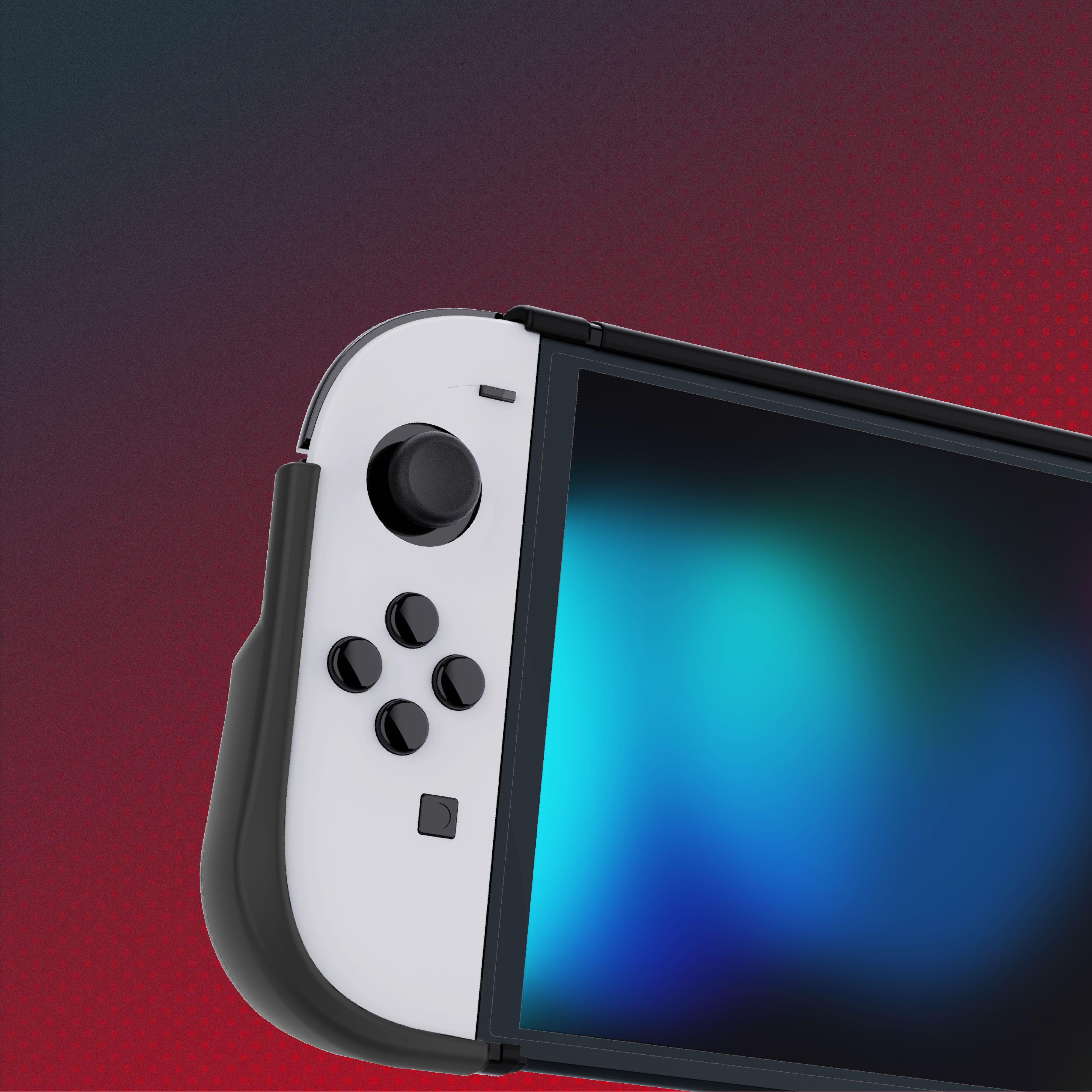 Weiß-schwarzer Gaming-Controller mit blauem Bildschirm und Knöpfen, auf rotem und schwarzem Hintergrund.