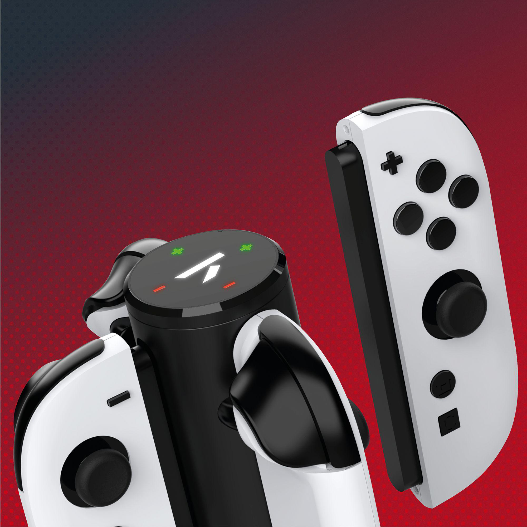 Weiße und schwarze Gamecontroller mit Ladestation, auf rotem Farbverlauf.