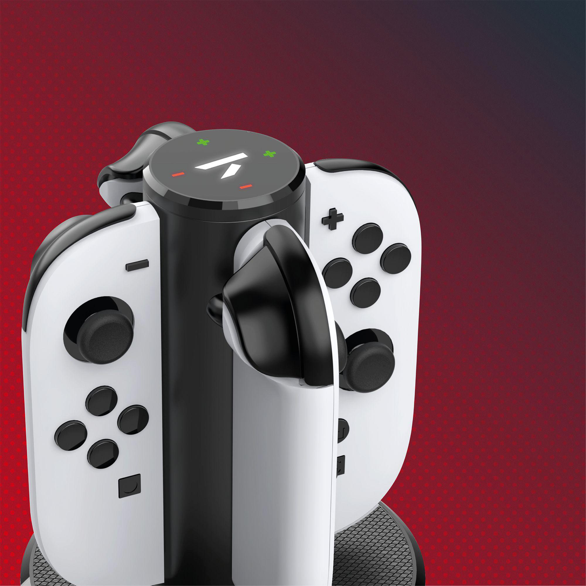 Weiße und schwarze Controller auf einer Ladestation, schwarz-weißes Dock, roter Farbverlauf.
