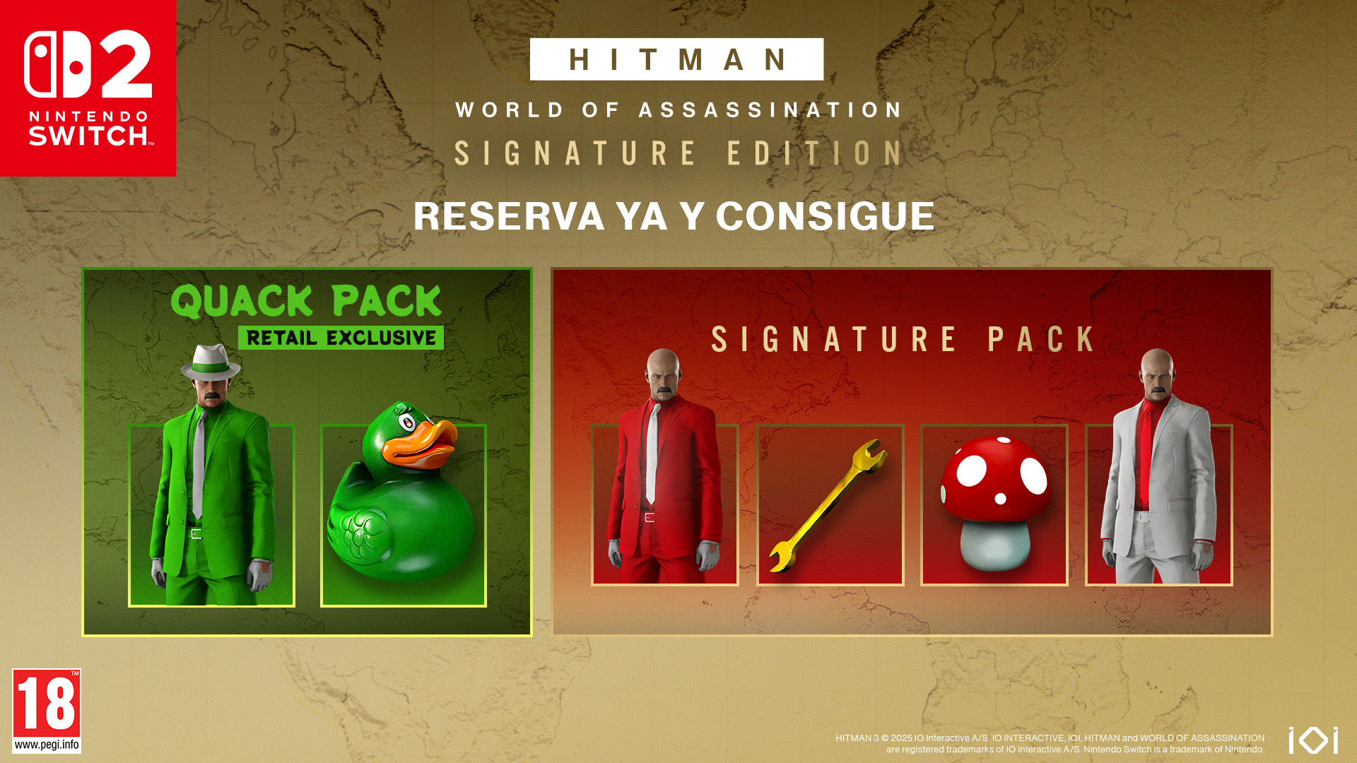 Imagen promocional del juego Hitman, que muestra dos packs con objetos especiales.