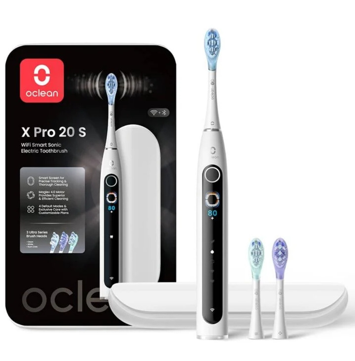 Szczoteczka do zębów Oclean X Pro 20 S, pudełko i główki szczoteczki, z czarnym wyświetlaczem pokazującym liczbę 80.