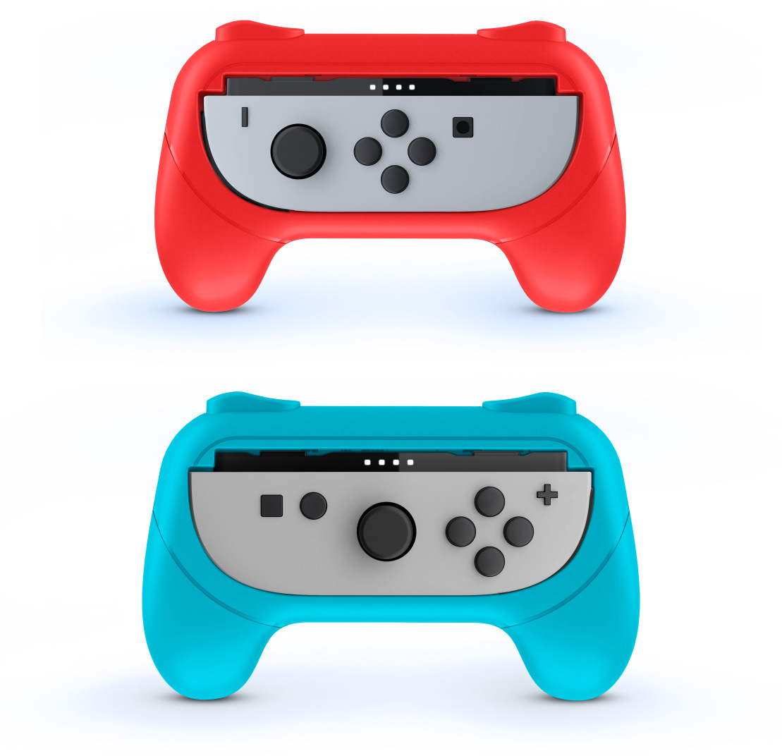 Rote und blaue Joy-Con-Controller für Nintendo Switch, von vorne gezeigt.