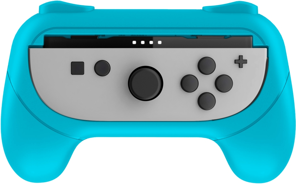 Blauer Joy-Con-Controller mit angebrachten Knöpfen für Nintendo Switch.