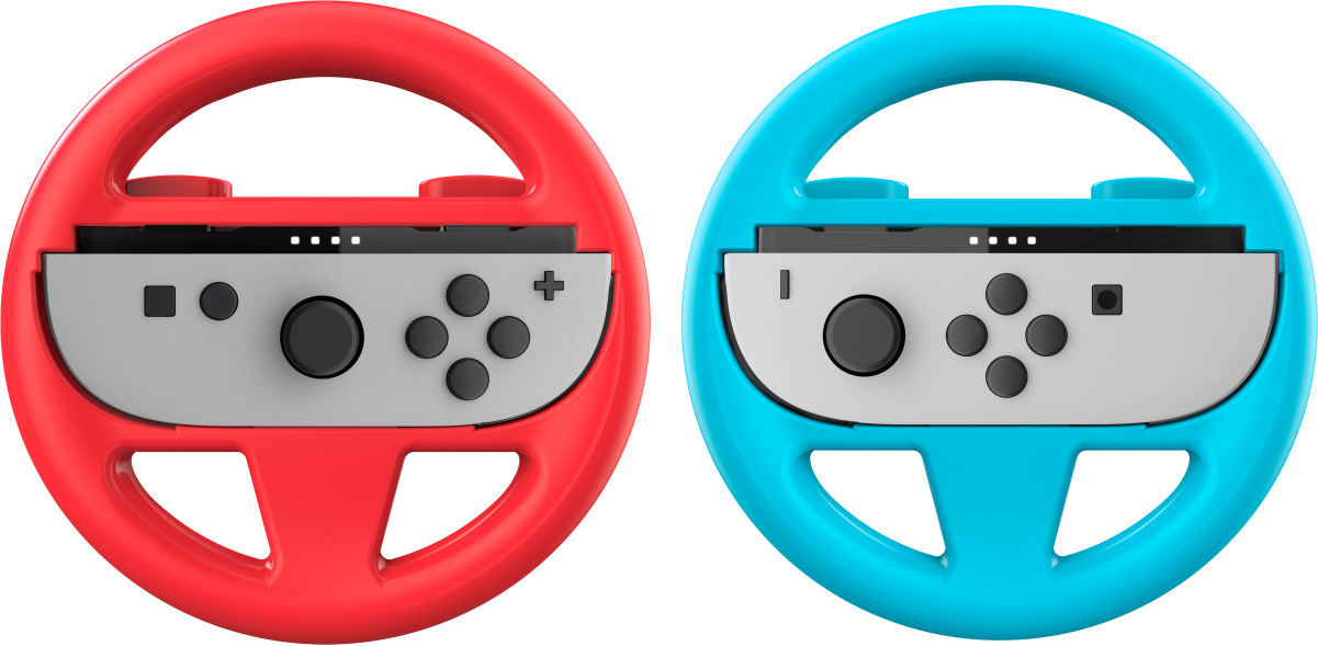 Deux volants de jeu : rouge et bleu, avec des inserts de contrôleur gris, sur fond blanc.