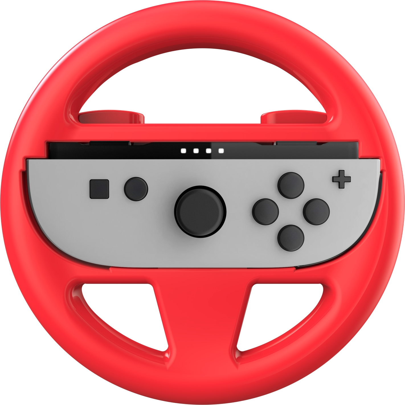 Un volant de jeu rouge avec un insert de contrôleur gris, sur fond blanc.