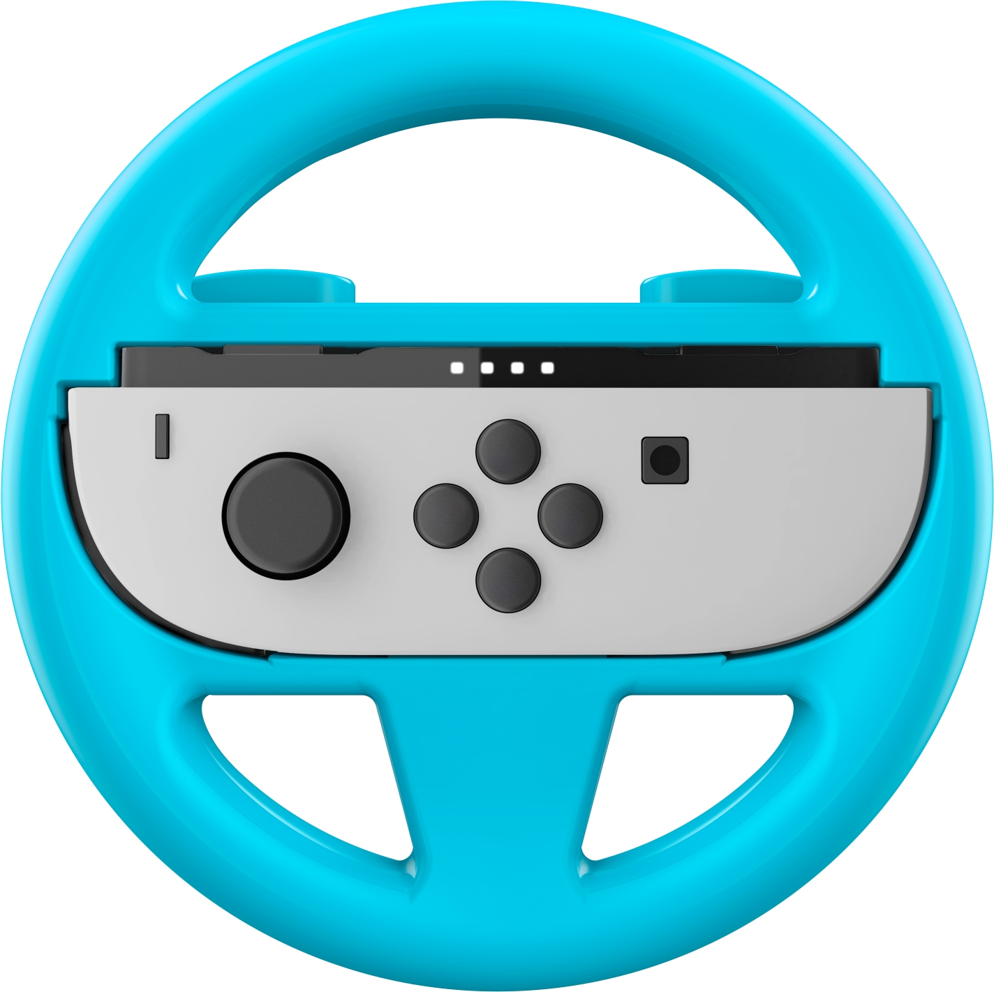 Un volant de jeu bleu avec un insert de contrôleur gris, sur fond blanc.