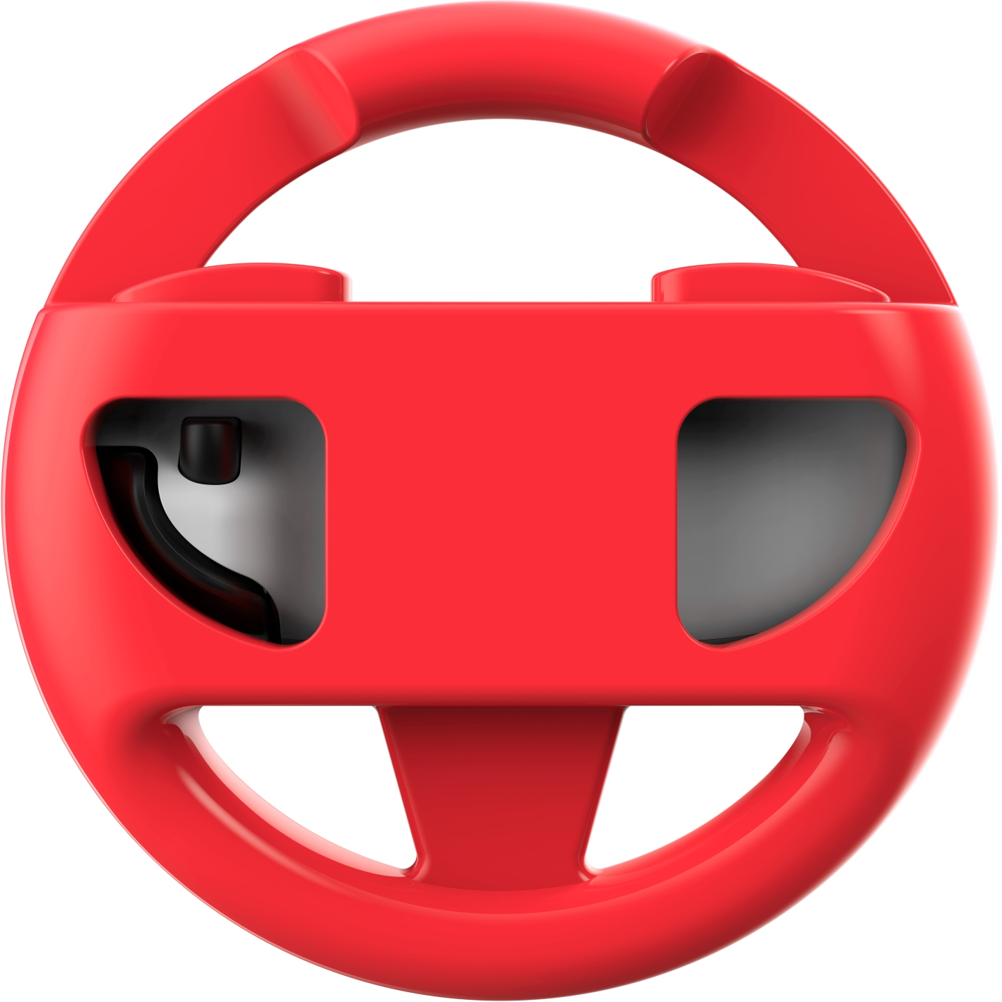Gros plan d'un volant de jeu rouge, avec une fente de contrôleur grise visible à l'intérieur.
