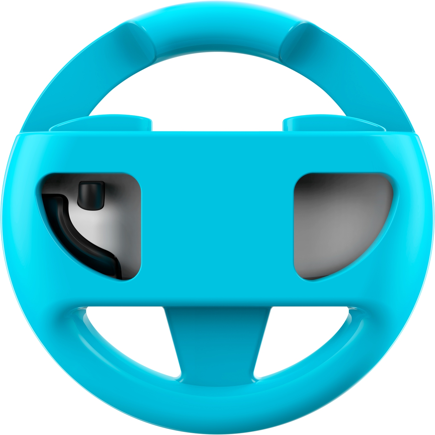 Gros plan d'un volant de jeu bleu, avec une fente de contrôleur grise visible à l'intérieur.