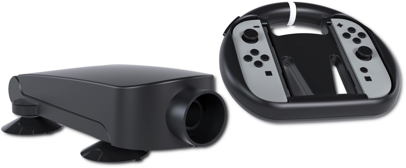 Un projecteur noir et un volant de jeu avec des contrôleurs gris.