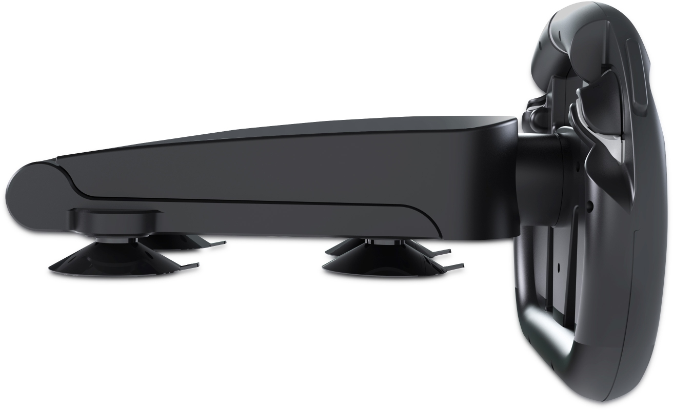 Vue latérale d'un volant de jeu noir et de sa base, avec des ventouses.