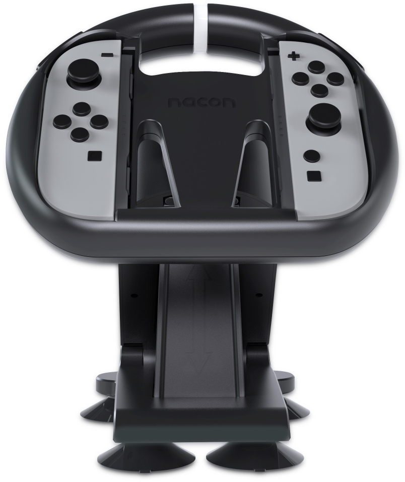 Vue de face d'un volant de jeu noir avec des manettes sur un support avec des ventouses.