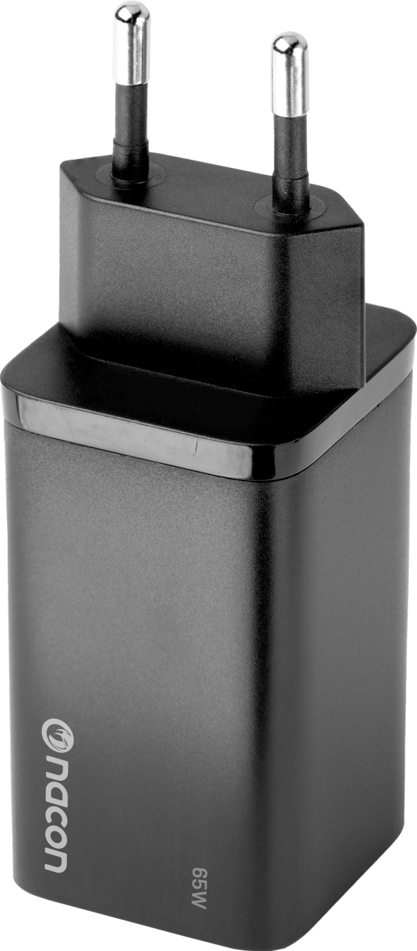 Caricatore nero con due spine, il logo Nacon e una porta USB-C.