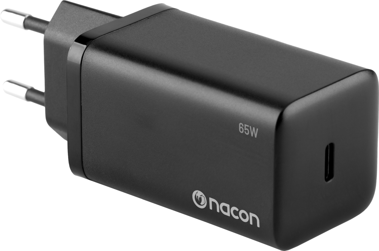 Caricatore nero con il logo Nacon, una porta USB-C e due spine.