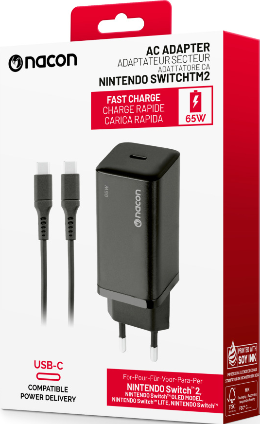 Scatola con caricabatterie, cavo USB-C e testo con diagramma laterale.