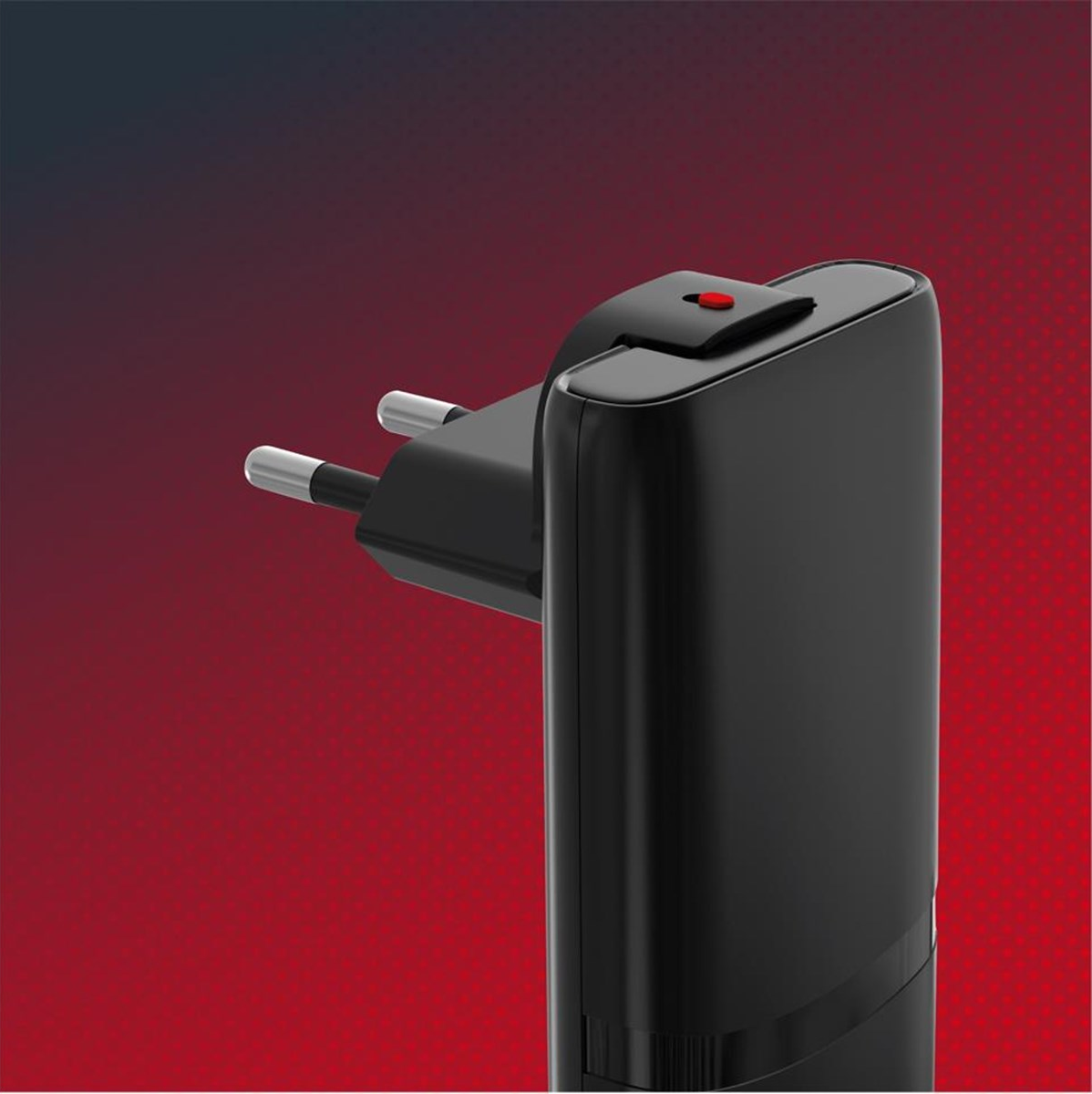 Un adaptateur secteur noir avec un bouton rouge et des broches argentées, sur un dégradé rouge.