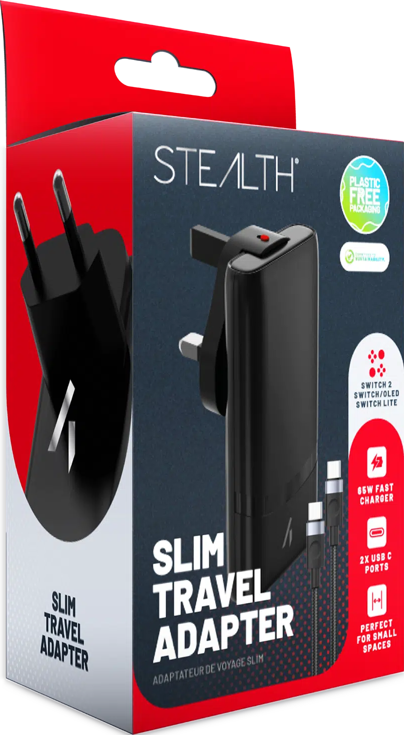 Une boîte d'adaptateur de voyage noire qui dit "SLIM TRAVEL ADAPTER" et a une image du produit.