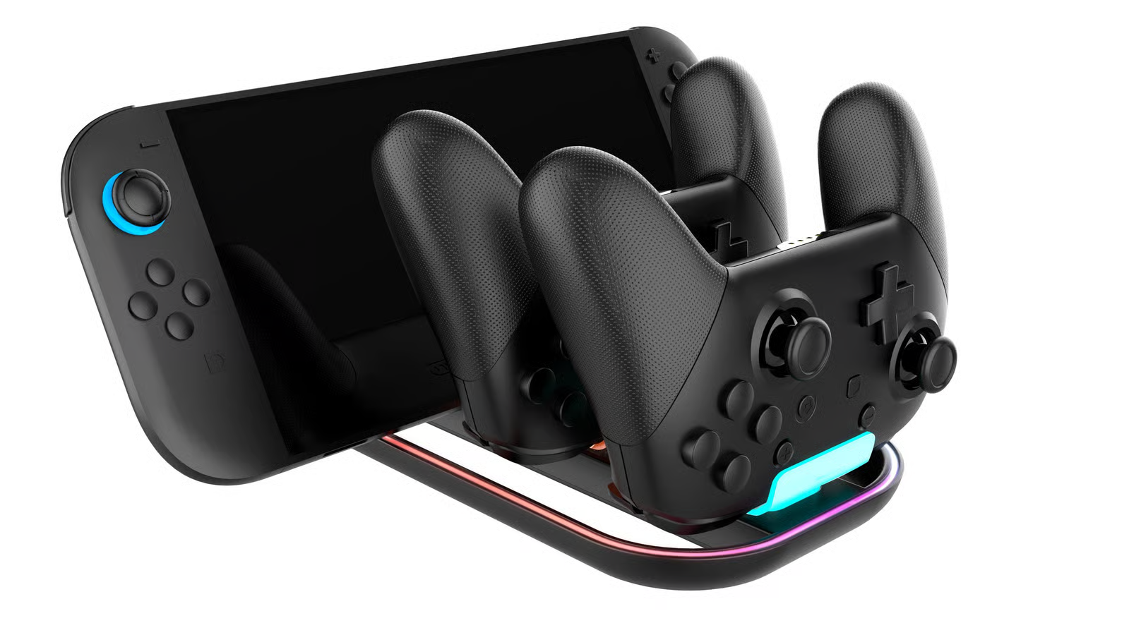 Una console Nintendo Switch nera e due controller in una base di ricarica.