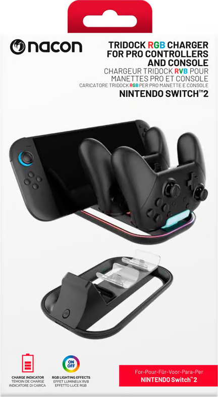 Una scatola con una Nintendo Switch e controller su una base di ricarica e un'altra base.