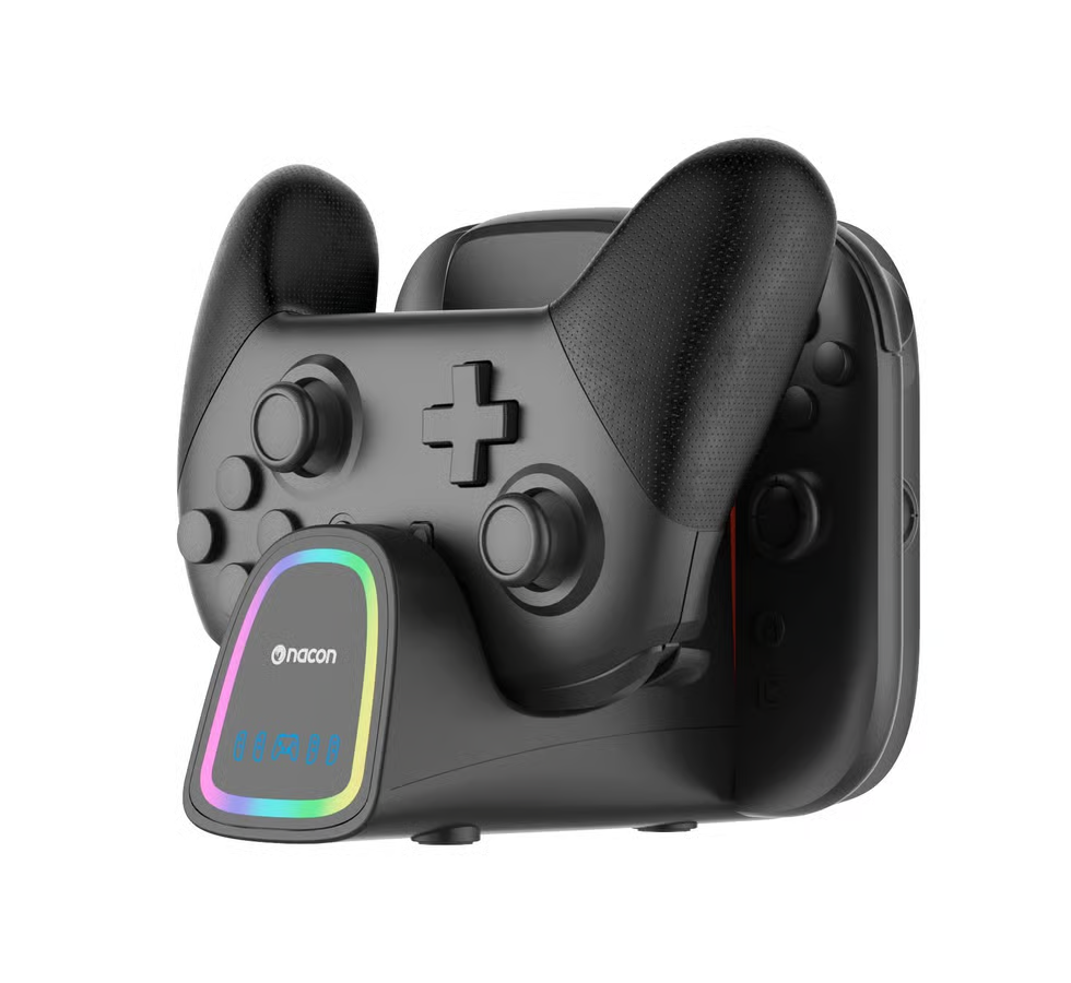 Una base di ricarica nera, con controller collegati e un display che mostra numeri.