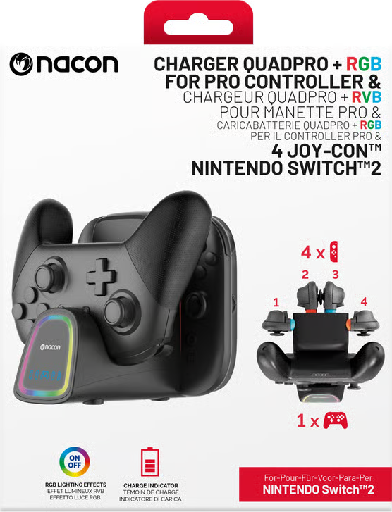 Caricatore nero per controller Nintendo Switch con luci RGB e diagramma del processo di ricarica.