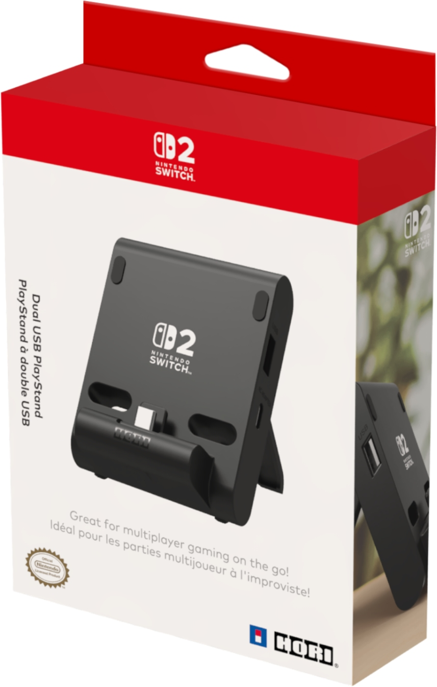 Una scatola con un supporto nero per Nintendo Switch. La scatola è rossa e bianca.