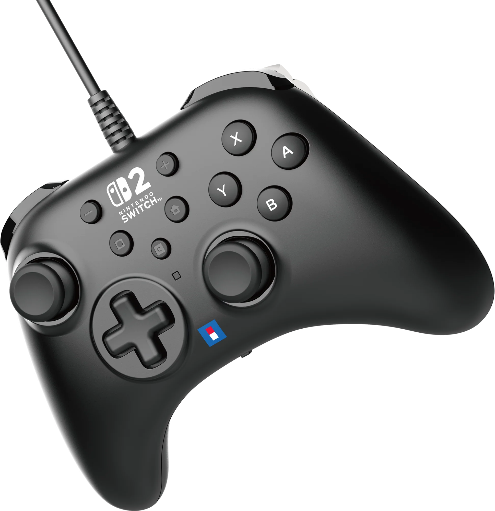Schwarzer Nintendo Switch-Controller mit Knöpfen, D-Pad und Switch-Logo.