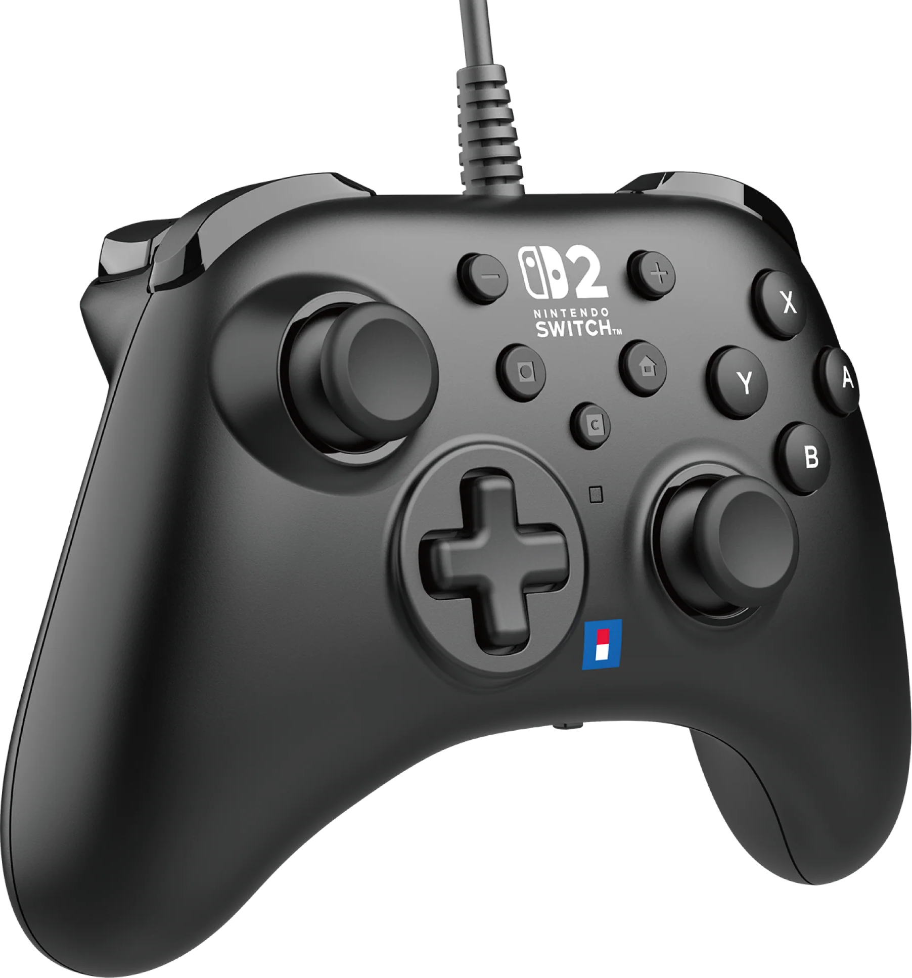 Schwarzer Nintendo Switch-Controller mit Knöpfen, D-Pad und Switch-Logo.