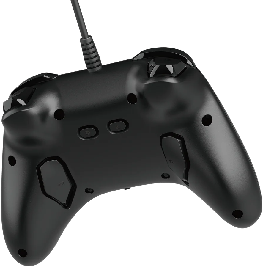 Rückseite eines schwarzen Nintendo Switch-Controllers mit Tasten und Details.