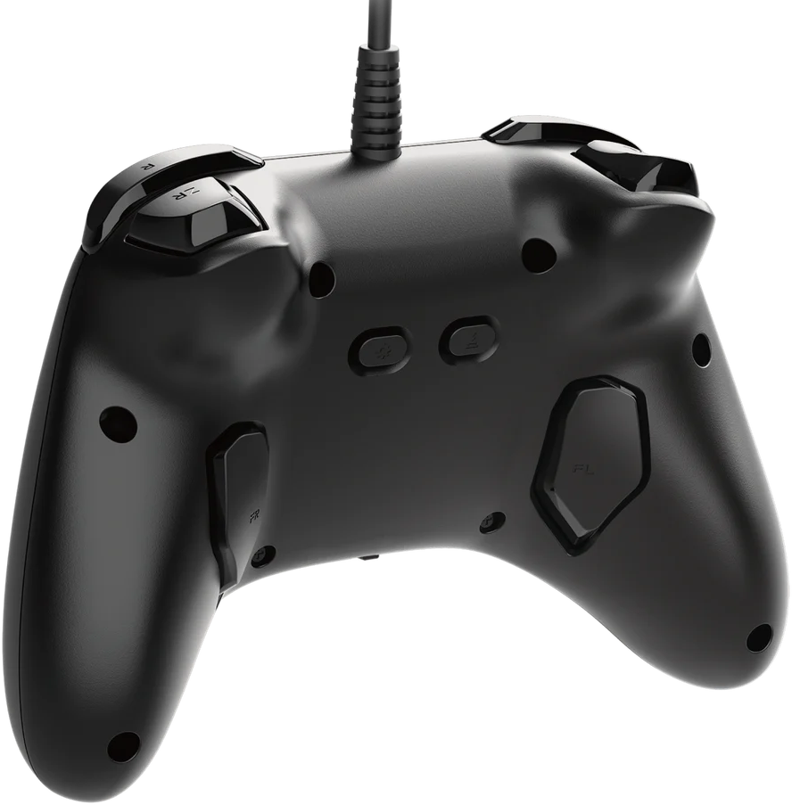 Rückseite eines schwarzen Nintendo Switch-Controllers mit Tasten und Details.
