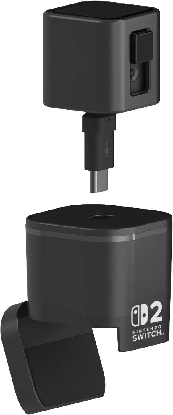Telecamera nera Nintendo Switch smontata. Cavo USB-C e parte superiore della fotocamera separati dalla base.