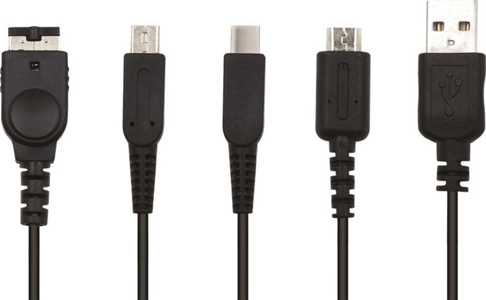 Cinque cavi neri con connettori diversi: Nintendo DS, mini-USB, USB-C, mini-USB e USB.