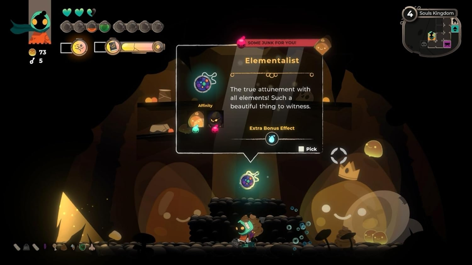 Interface de jeu avec personnage, zone de texte et éléments dans un cadre sombre, semblable à une grotte.