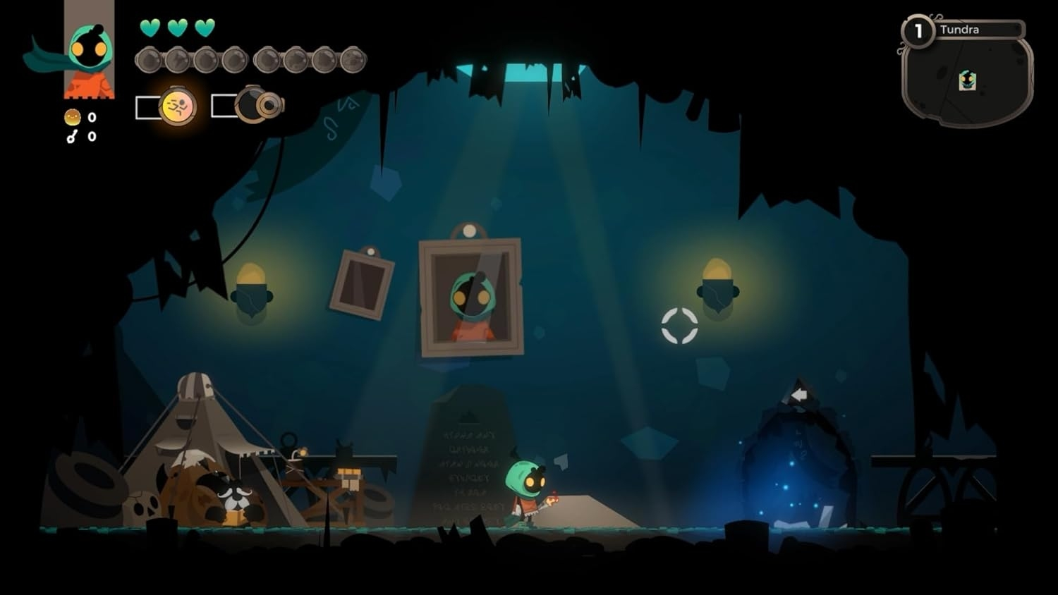 Scène de jeu de plateforme avec un personnage dans une grotte, de l'art sur les murs et une tente.