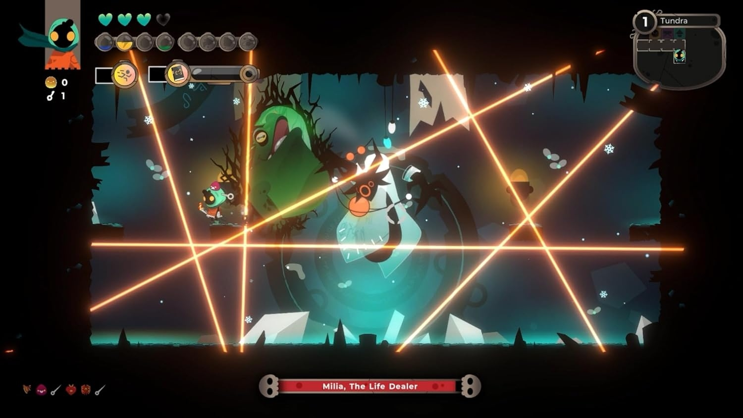 Scène de jeu avec des personnages, un monstre vert et des rayons laser dans un environnement sombre et glacé.
