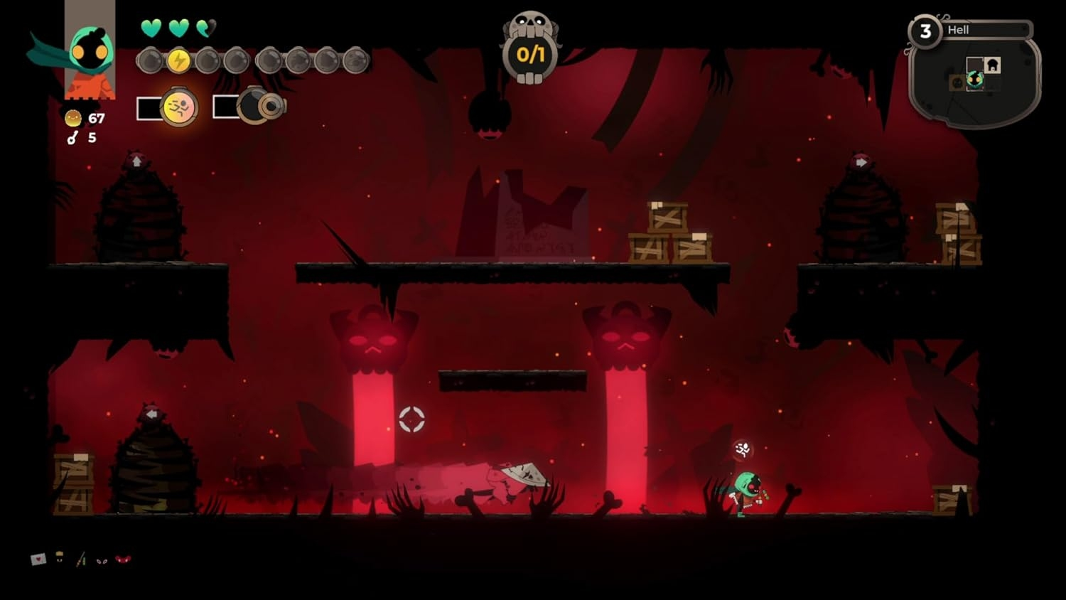 Scène de jeu en enfer avec un personnage sur des plateformes, fond rouge et figures menaçantes.