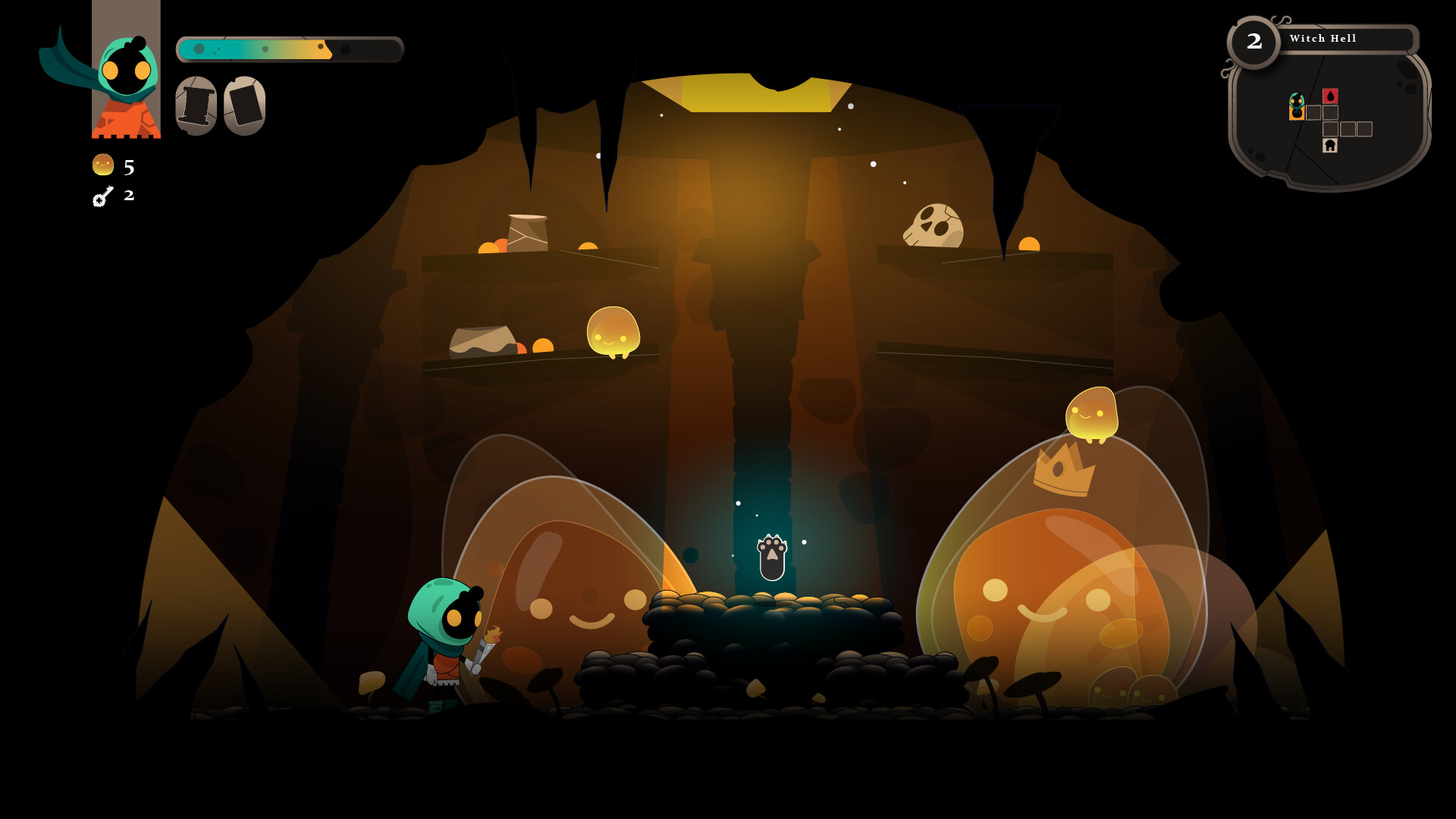 Une scène de jeu avec un personnage, deux personnages en forme de blob et une source de lumière vive.