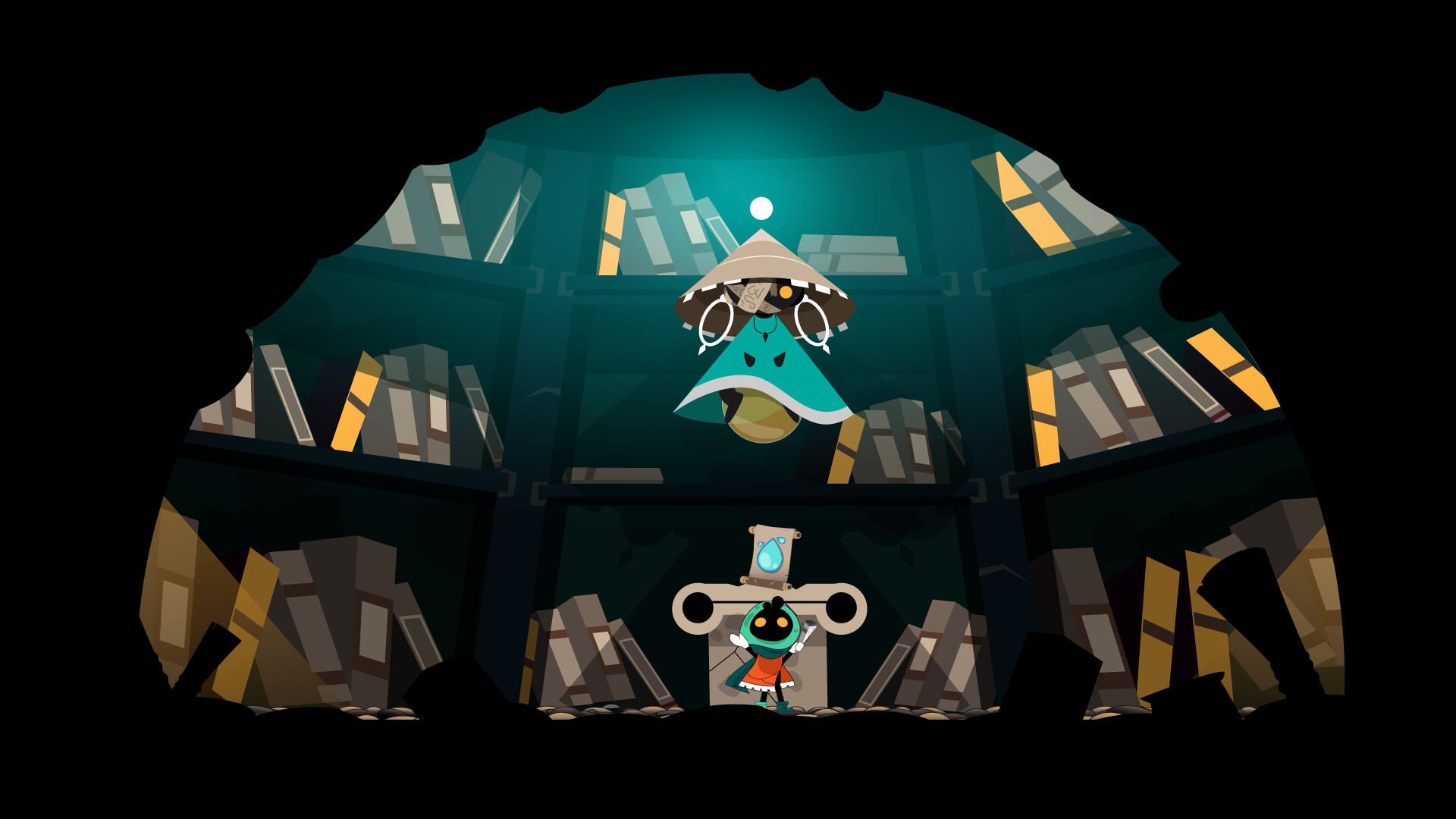 Une scène de jeu avec un personnage, des bibliothèques et une créature flottante dans une pièce sombre.