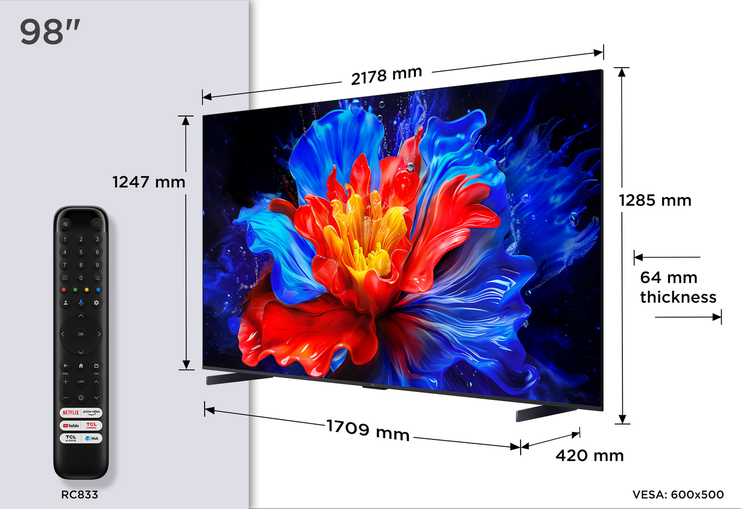 Un televisor de 98 pulgadas muestra una imagen abstracta colorida. Dimensiones y mando a distancia.