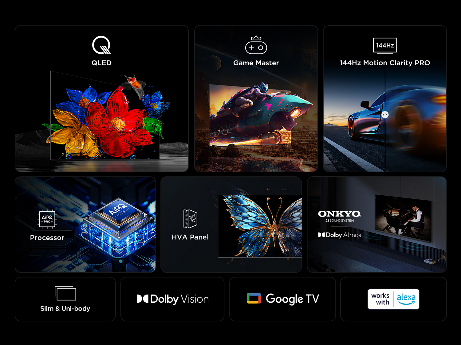 Imagen que muestra varias características de un televisor QLED. Incluye iconos de QLED, Game Master, etc.